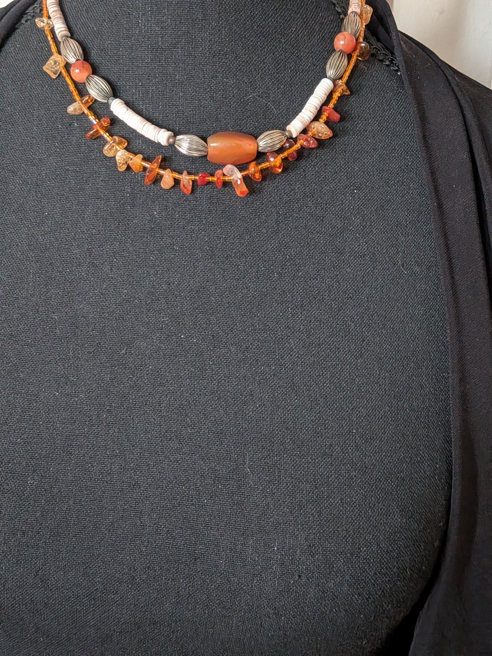 Two Vintage Orange Stone And Metal Bead Shell Necklaces Boho Chic